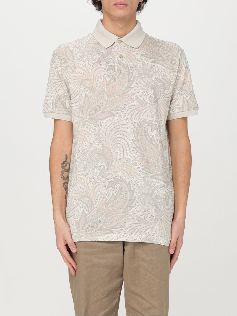 ETRO Neutral Beige Paisley Print Short Sleeve Pique Polo Size L